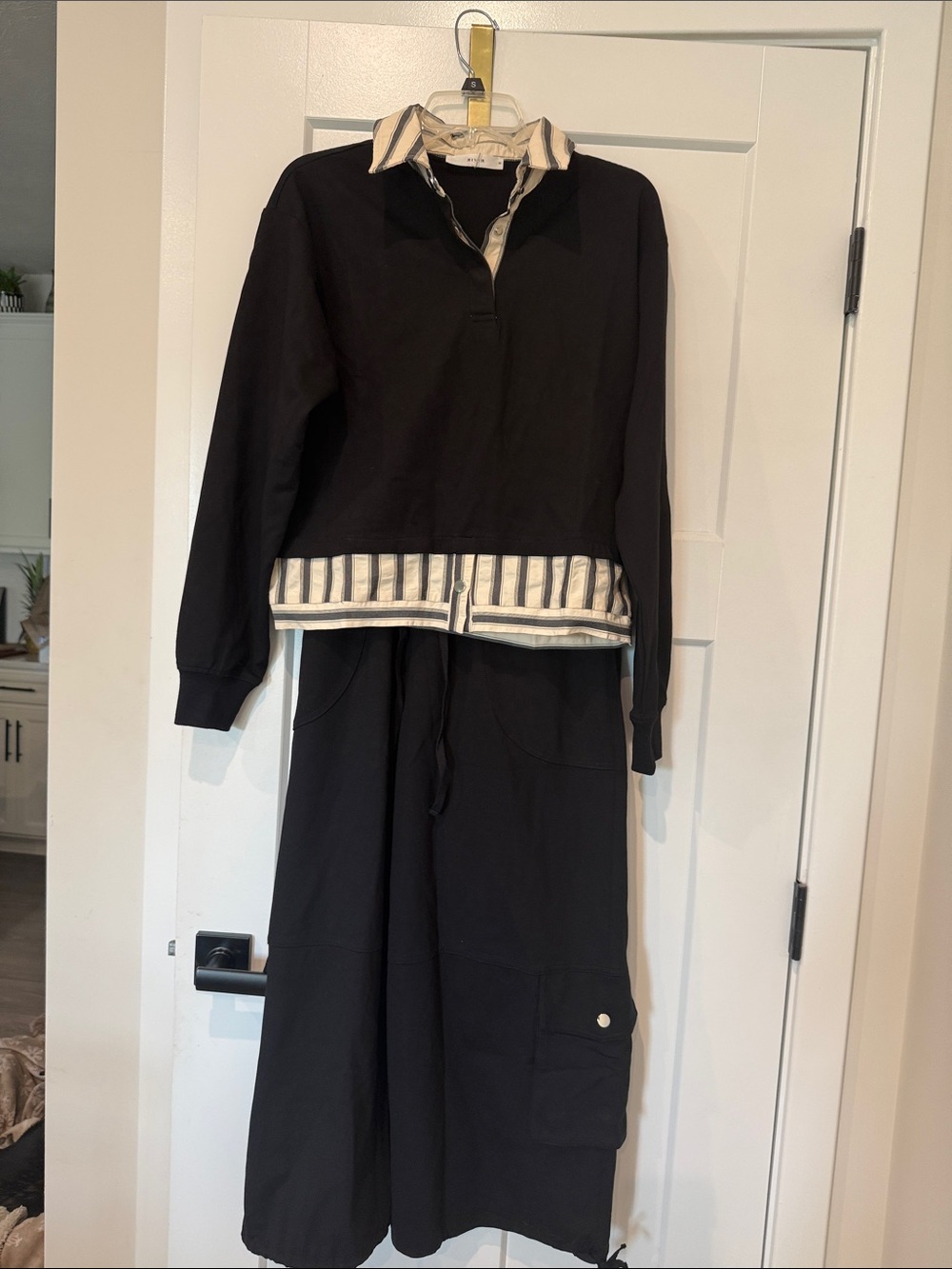 Women’s Black Pullover Jacket with Striped Hem and barrel leg pants NWOT